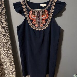 THML Embroidered Navy Shift Dress with Flutter Sleeves